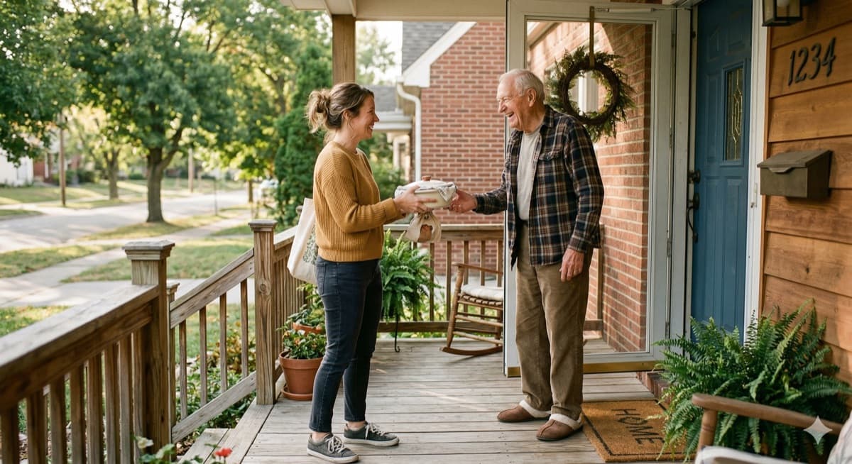 A woman sharing a meal with an elderly neighbor