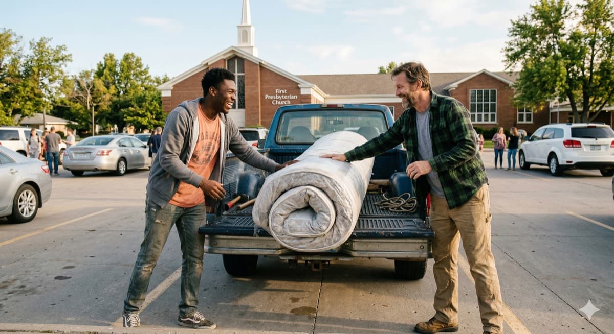 Two men helping move a mattress