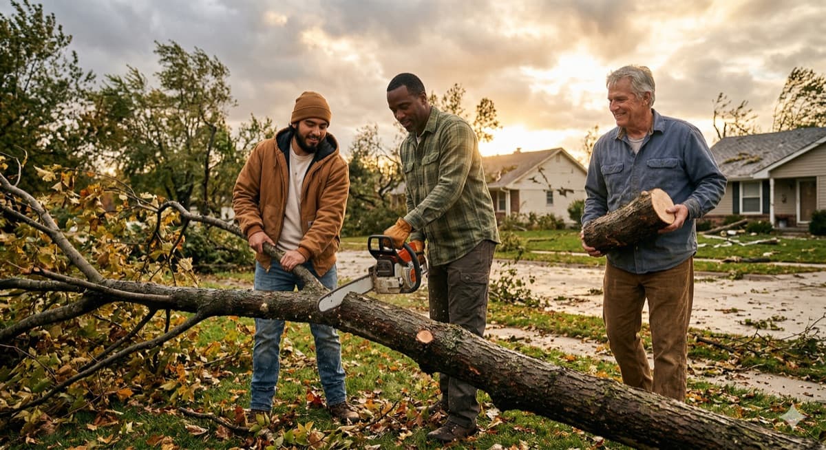 Three men helping with a fallen tree